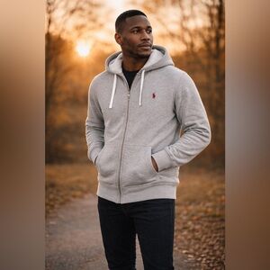 Polo by Ralph Lauren Light Gray Zip-Up Hoodie with Red Pony